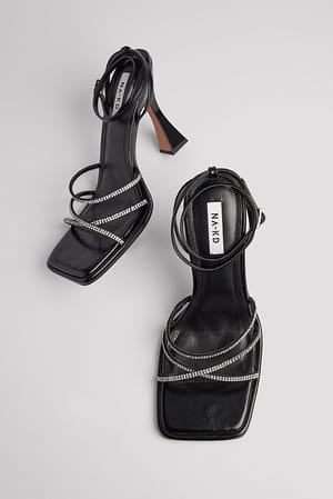 Black/Silver Chaussures à talon avec bout carré et strass