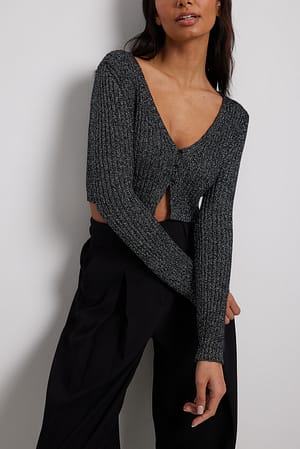 Black Cardigan court pailleté en maille côtelée