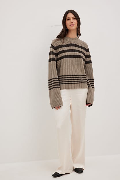 Light Beige/Brown Stripe Pull rayé en maille côtelée