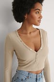 Beige Haut côtelé boutonné recyclé