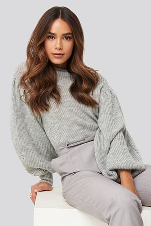 Grey Ribbed High Neck Ballon Sleeve Knitted Sweater