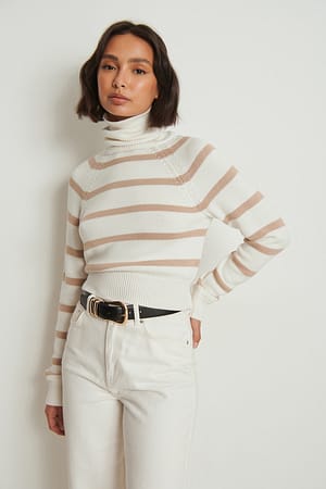 Beige/Cream Pull en maille côtelée à col montant