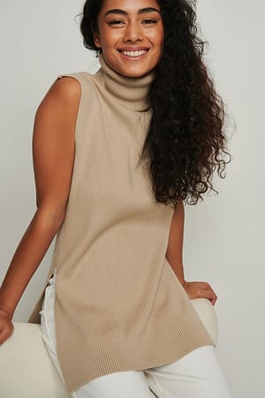Beige Melange Gilet en maille côtelée à col montant