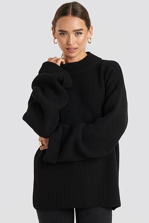 Black Ribbed Knitted Turtleneck Sweater