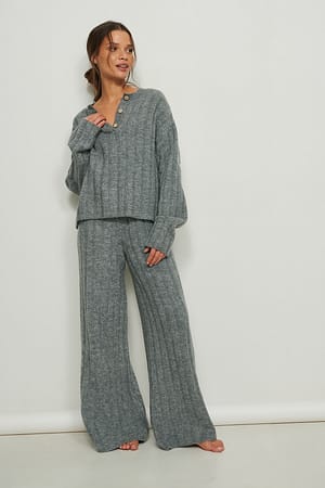Grey Melange Pantalon large en maille côtelée