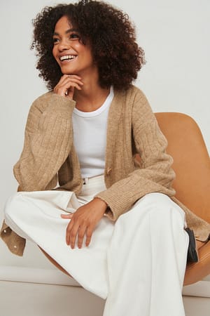 Beige Melange Cardigan long en maille côtelée à col en V
