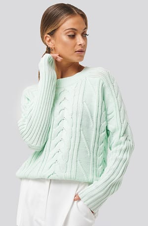 Mint NA-KD Round Neck Cable Knitted Sweater