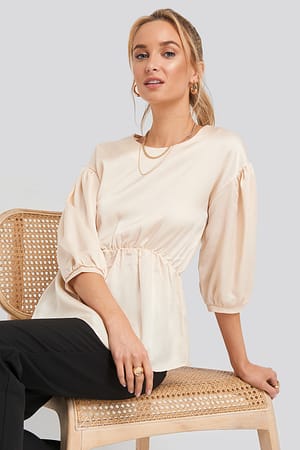Beige NA-KD Round Neck Gathered Peasant Blouse