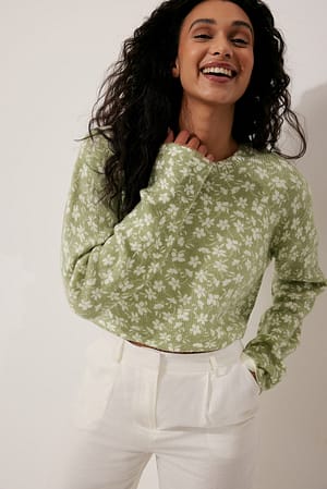 Green Flower Print Pull tricoté col rond
