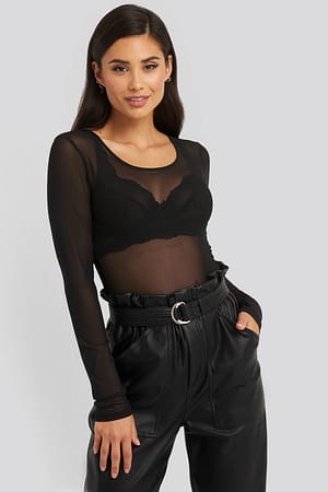 Black NA-KD Party Deep Round Neck Mesh Top