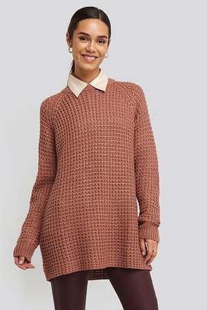 Dusty Pink Round Neck Pineapple Knitted Sweater