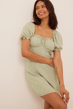 Green Flower Print Robe mini plissée sur la poitrine