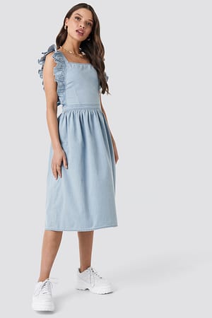 Mid Blue Ruffle Denim Pinafore Dress