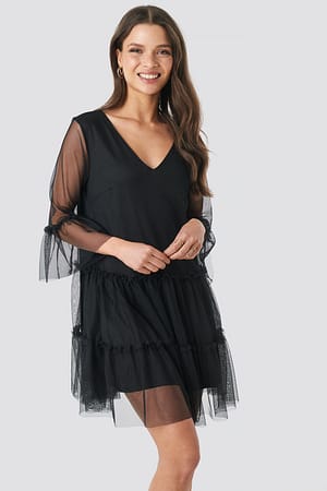 Black Ruffle Mesh Mini Dress