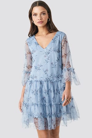 Blue Ruffle Mesh Mini Dress