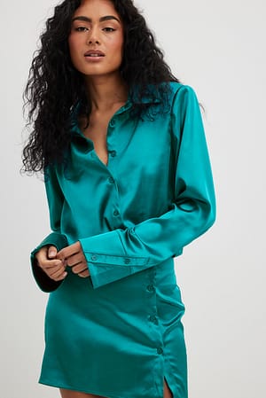 Green/Blue Robe chemise en tissu satiné à manches longues