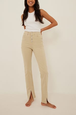 Beige Pantalon à fentes avec coutures