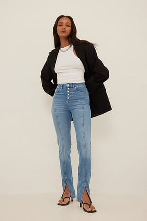 Light Blue Pantalon à fentes avec coutures