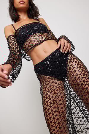 Black Crop top en résille avec sequins