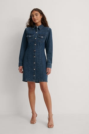 Mid Blue Robe en jean à épaules pointues recyclée