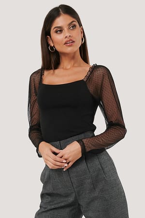 Black NA-KD Party Sheer Contrast Sleeve Square Neck Top