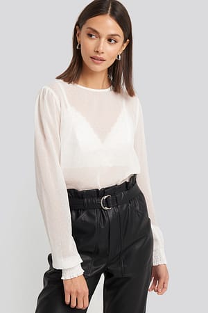 White NA-KD Party Sheer Dotted Round Neck Blouse