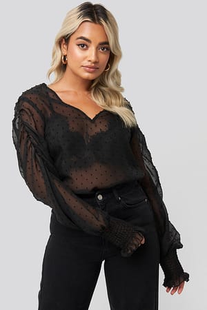 Black NA-KD Boho Shirred Dobby Blouse