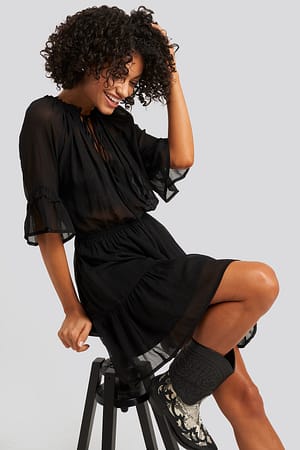 Black NA-KD Boho Short Sleeve Flounce Mini Dress