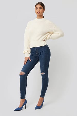 Dark Blue Jean slim taille haute déchiré