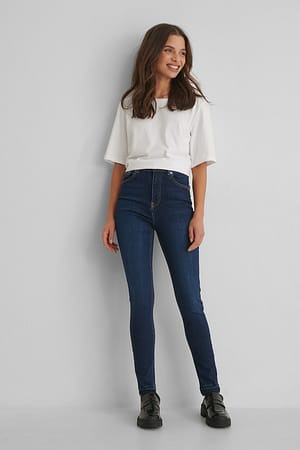 Dark Blue NA-KD Skinny High Waist Open Hem Jeans