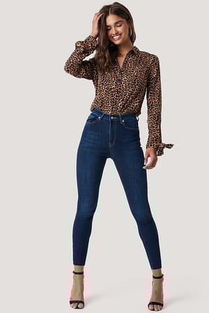 Dark Blue NA-KD Skinny High Waist Raw Hem Jeans