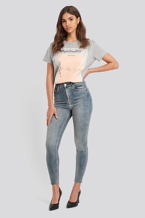 Washed Blue Skinny High Waist Raw Hem Jeans