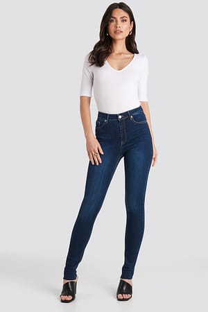 Dark Blue NA-KD Jean droit taille haute à ourlet brut