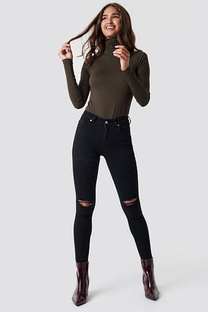 Black NA-KD Skinny Mid Waist Destroyed Jeans