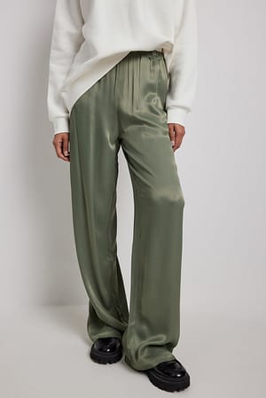 Dusty Green Pantalon slim taille élastique en satin