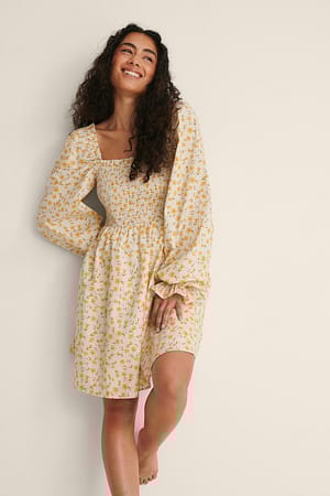 Yellow Print Robe en coton à smocks