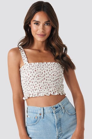 Cream Floral NA-KD Boho Smocked Flower Print Top