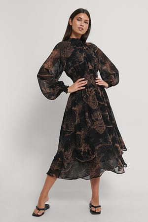 Black Print Smocked Waist Midi Dress