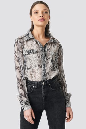 Grey NA-KD Trend Snake Printed Chiffon Shirt