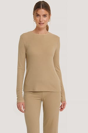Beige NA-KD Basic Soft Ribbed Roundneck Long Sleeve