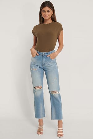Light Blue NA-KD Jean Déchiré Droit Taille Haute