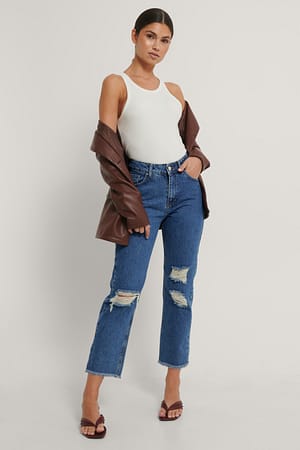 Mid Blue NA-KD Jean Déchiré Droit Taille Haute