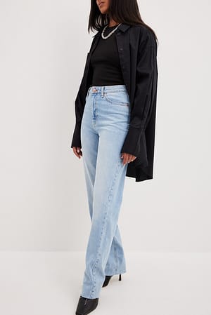Light Blue Jean droit taille haute à ourlet brut