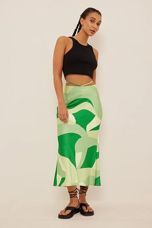 Green/Snake Print Jupe mi-longue en satin à lanières