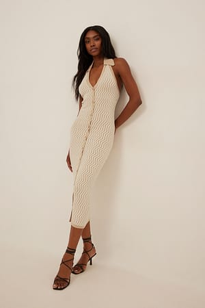 Beige/White Striped Knitted Collar Midi Dress