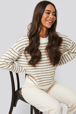 Beige/White Striped Round Neck Knitted Sweater