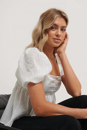 White NA-KD Boho Chemisier À Carreaux Manches Bouffantes