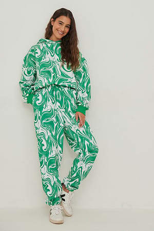 Green Swirl Print Pantalon de survêtement fuselé à imprimé