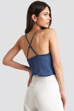 Dark Blue NA-KD Party Thin Strap Woven Cross Back Singlet