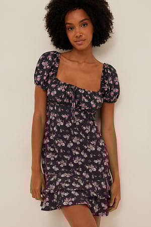Black/Dusty Pink Flowers Robe mini nouée